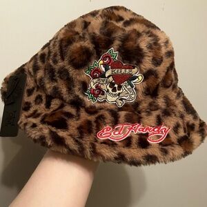 NWT Y2K Ed Hardy Leopard Print Fur Bucket Hat Y2K Style